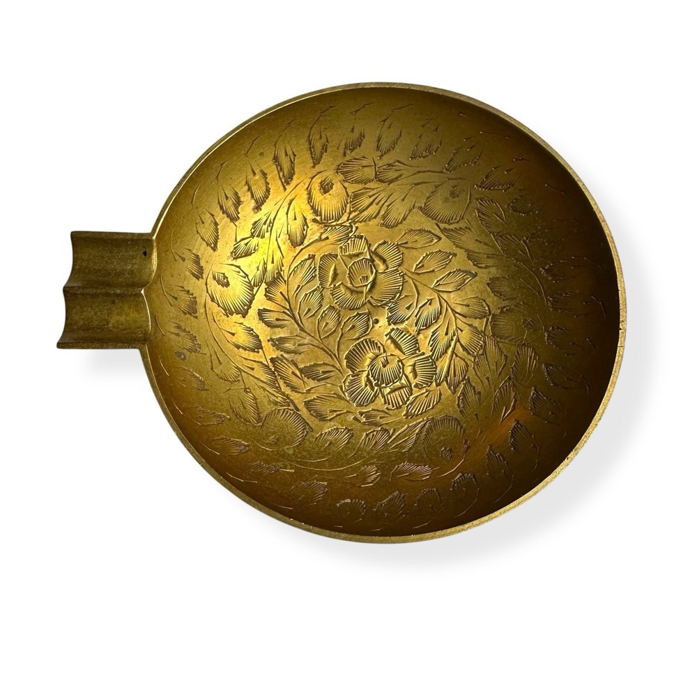 Vintage Mid Century Brass Ashtray Cigarette Cigar India Ornate Marked Metal 4"